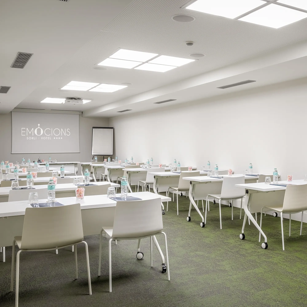Sala de confer&egrave;ncies amb taules i ampolles, pantalla projectora i il&middot;luminaci&oacute; de sostre.