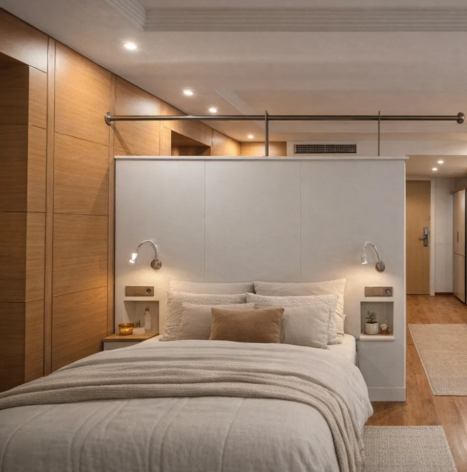 Dormitorio moderno con cama doble, cabecero blanco y luces decorativas.