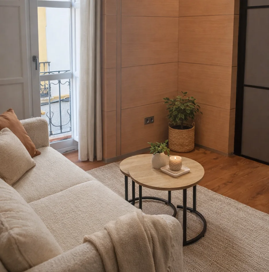 Sala acogedora con sof&aacute; beige, mesa redonda y maceta cerca de ventanal