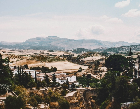Paisaje rural con colinas, vi&ntilde;edos y campos junto a un pueblo en la ladera