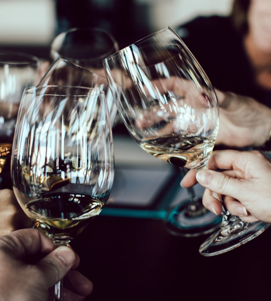Personas brindando con copas de vino blanco en una mesa.