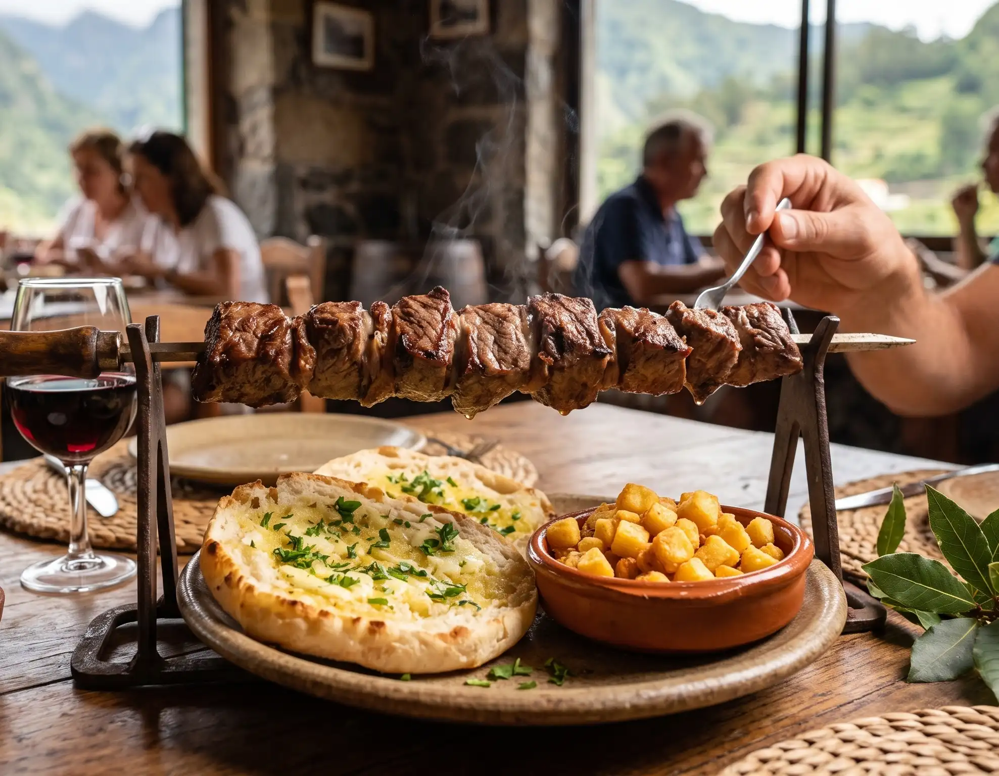 M&atilde;o segura garfo em espetos de carne grelhada no restaurante ao ar livre