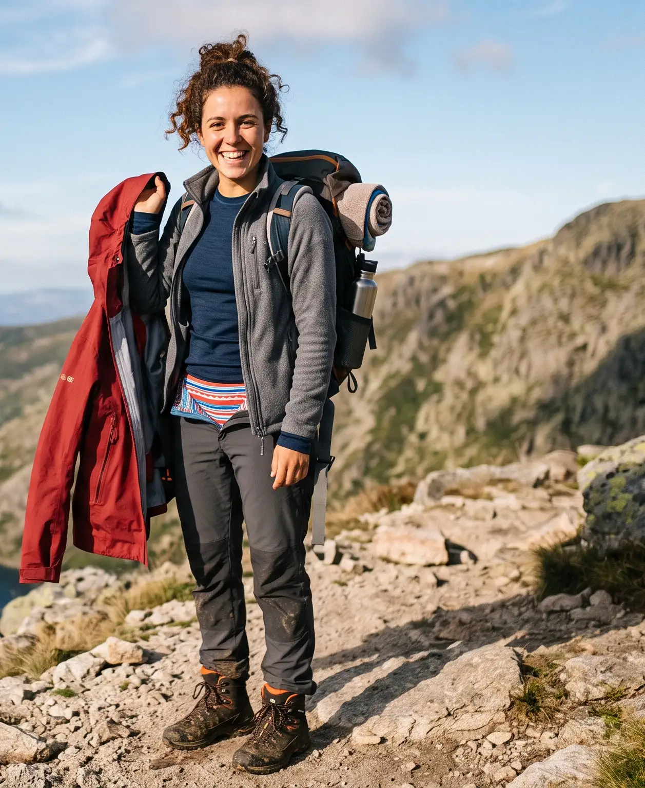 Mulher caminhando em trilha, sorrindo com mochila e capa vermelha