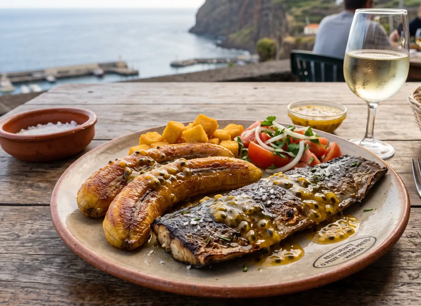 Prato com peixe e salsichas grelhadas, salada e vinho ao ar livre na praia
