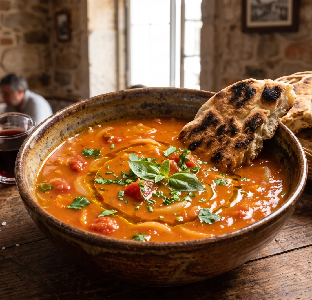 Sopa cremosa de tomate com p&atilde;o grelhado e ervas frescas em tigela de cer&acirc;mica