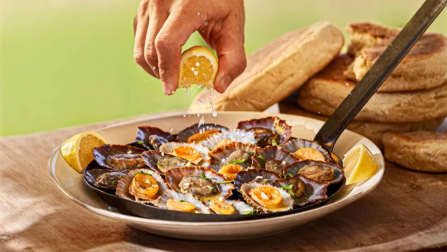 M&atilde;os servindo mariscos em concha com lim&atilde;o e ervas em prato