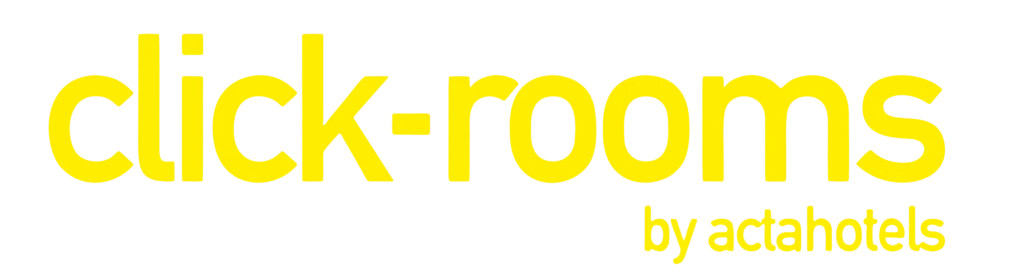 Texto &ldquo;Click-rooms&rdquo; y &ldquo;by actahotels&rdquo; en amarillo sobre fondo negro
