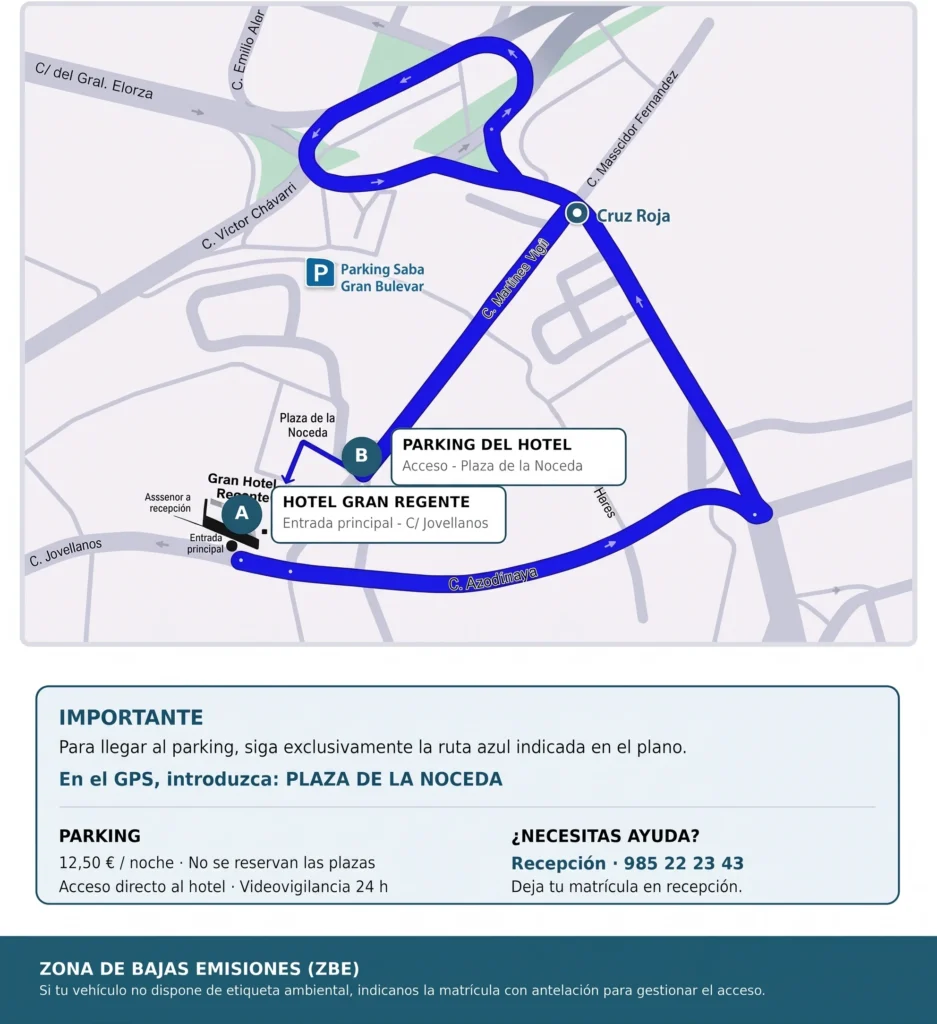 Mapa con ruta azul hacia el Parking del Hotel Gran Regente (Plaza de la Noceda)
