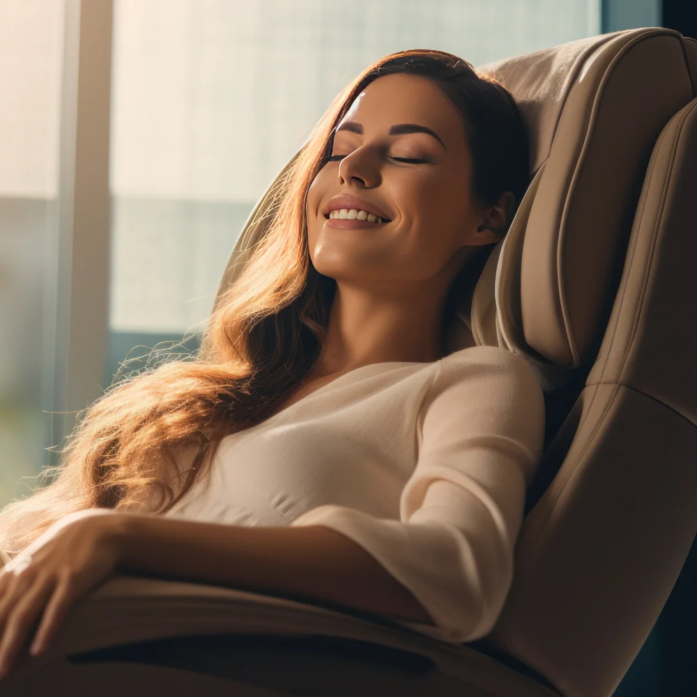 Mujer sonriente recostada en un sill&oacute;n, con luz del sol.