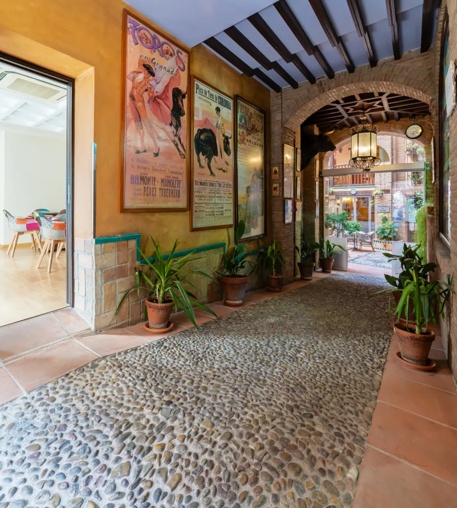 Pasillo interior con suelo de piedra y macetas junto a carteles antiguos