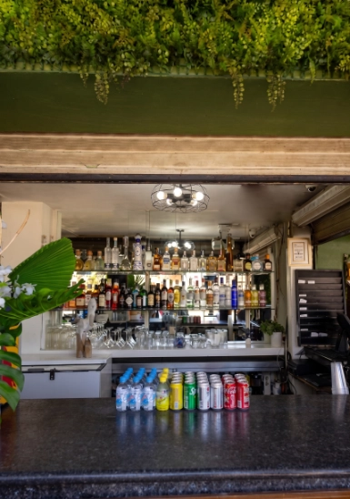 Outdoor bar with shelves of drinks and colored cans on black counter