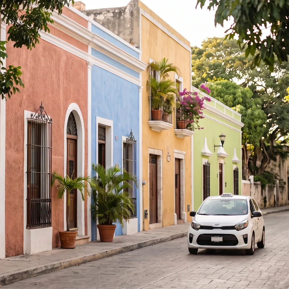 Pastel buildings and palm-lined street with a white parked car in sunlight