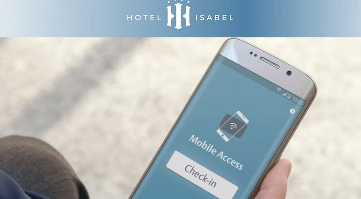 Hotel Isabel: m&oacute;vil con acceso a &ldquo;Mobile Access&rdquo; y bot&oacute;n &ldquo;Check-in&rdquo;.