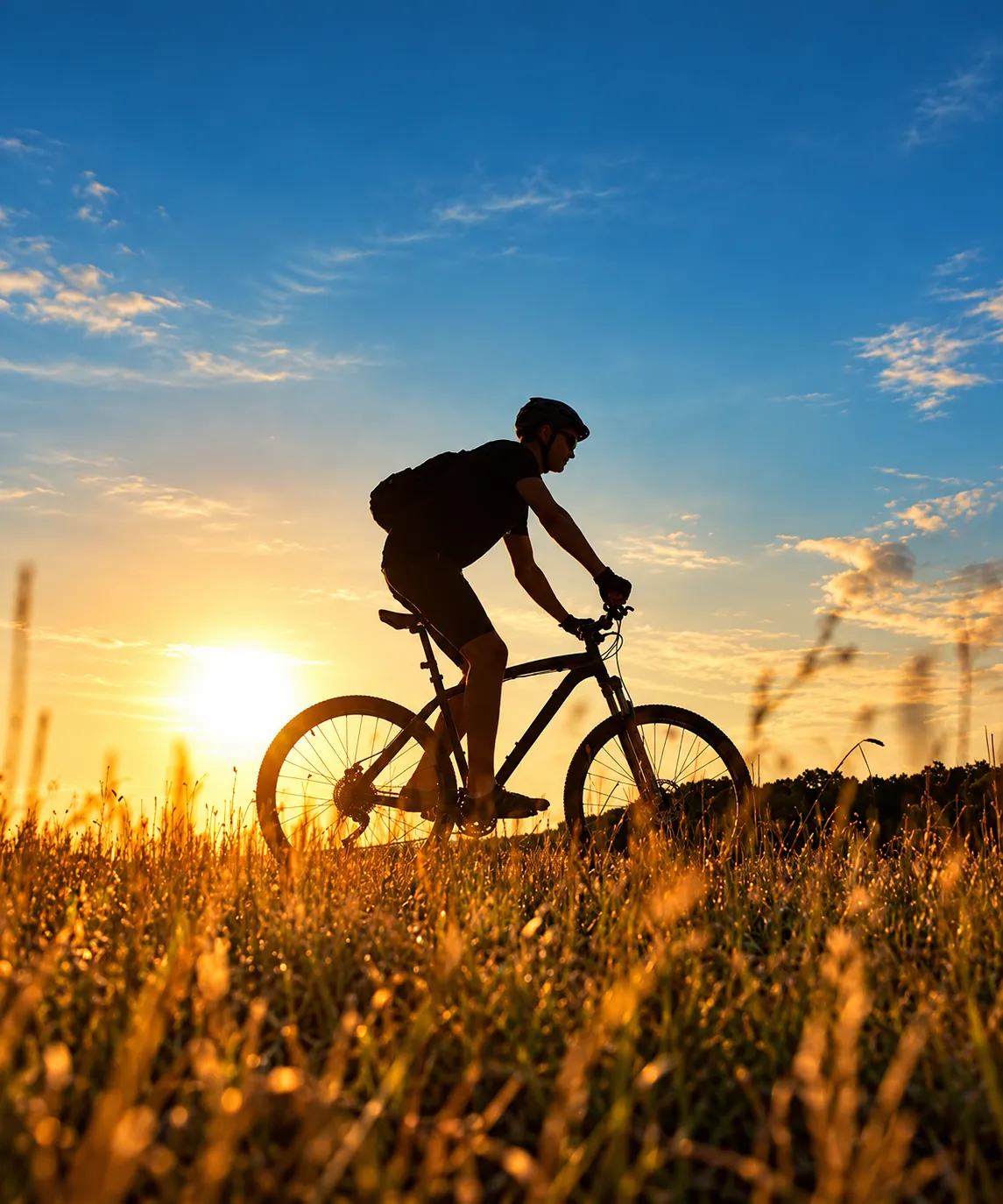 Ciclista recorre un campo al atardecer, bajo un cielo despejado.
