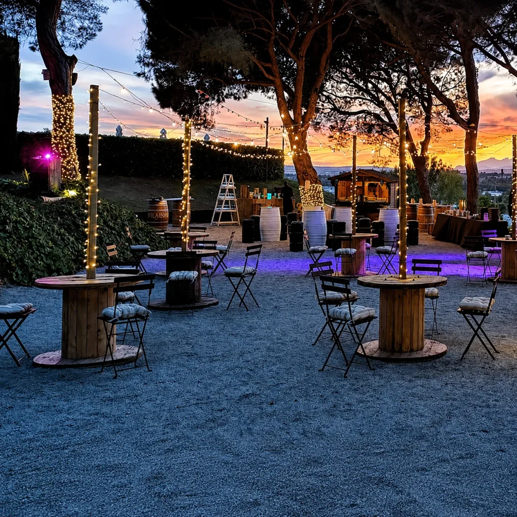 Patio con mesas y luces decorativas, al atardecer, escenario al aire libre