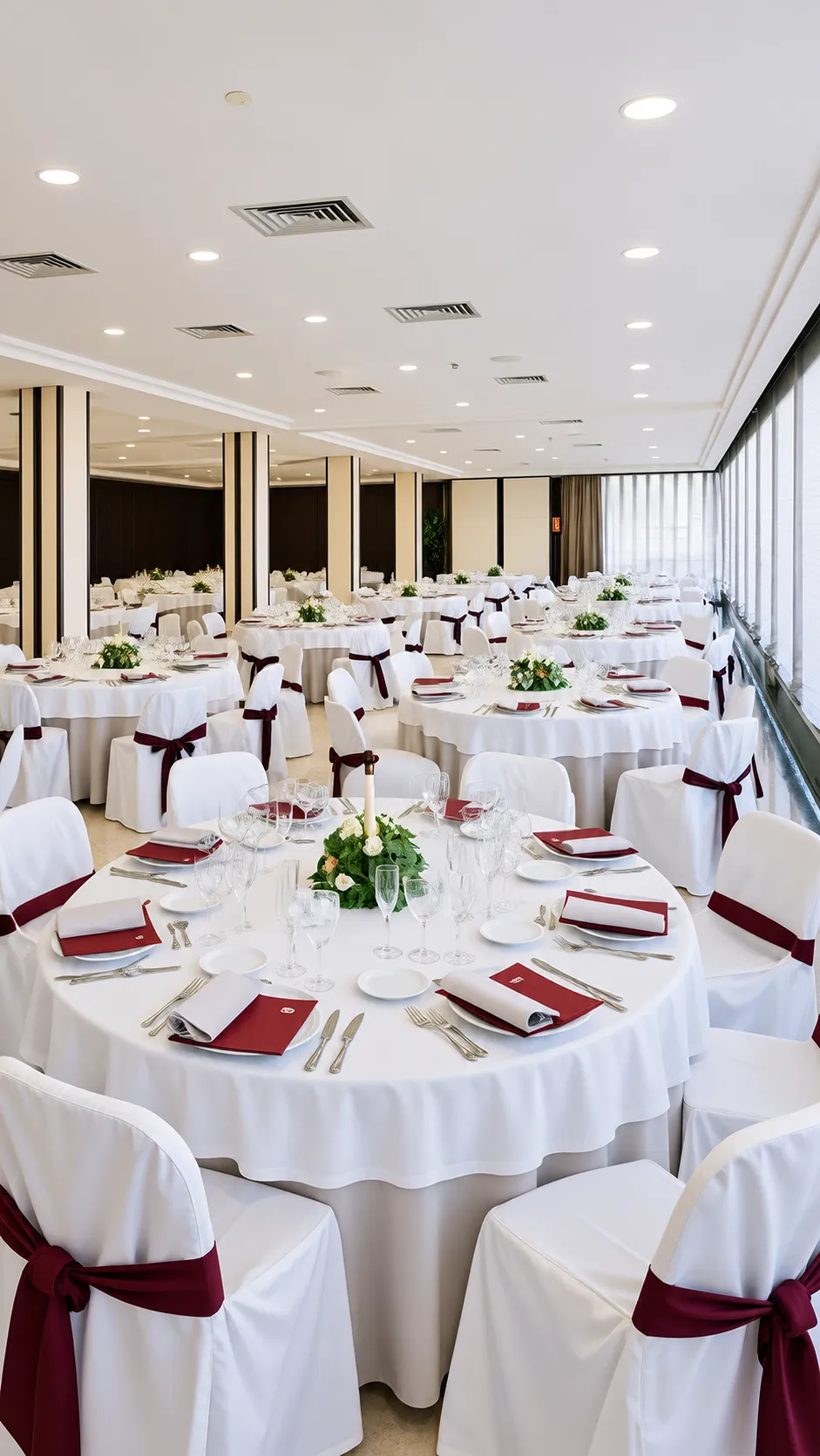 Sal&oacute;n de banquete con mesas redondas y decoraci&oacute;n blanca y guindas, luz de techo