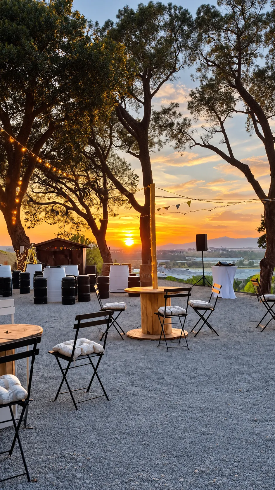 Terraza al atardecer con mesas, sillas y luces colgantes entre &aacute;rboles.