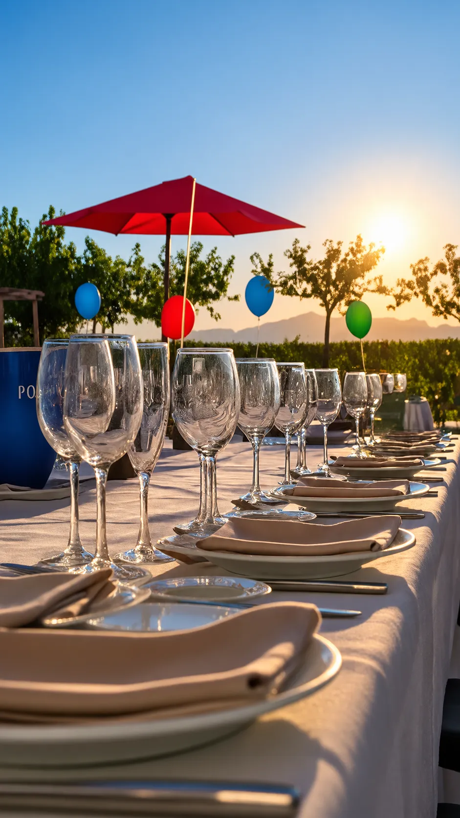 Mesa puesta con copas y sombrilla roja al atardecer, globos de colores