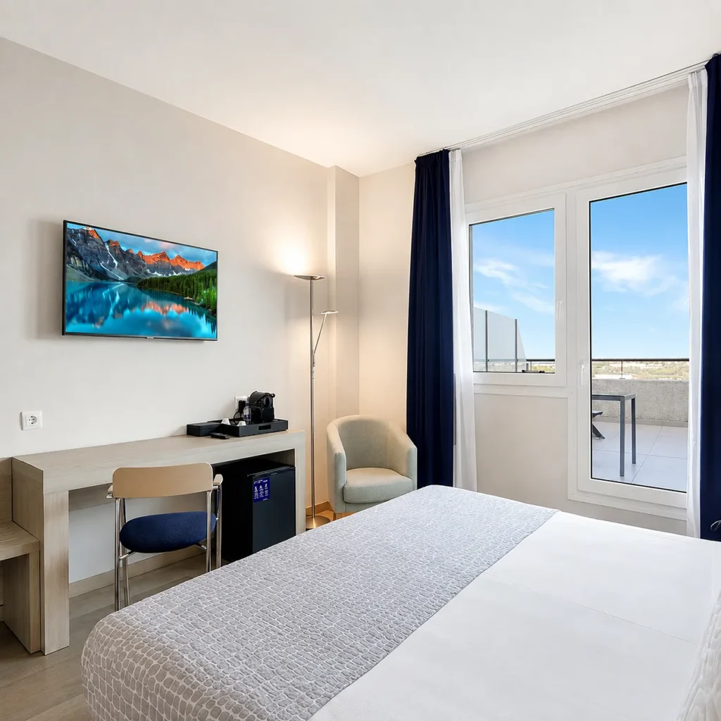 Dormitorio moderno con cama, TV, sill&oacute;n y ventana con cortinas azules