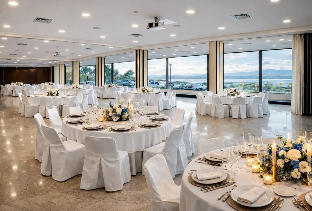 Sala de banquete con mesas vestidas de blanco y vista al exterior