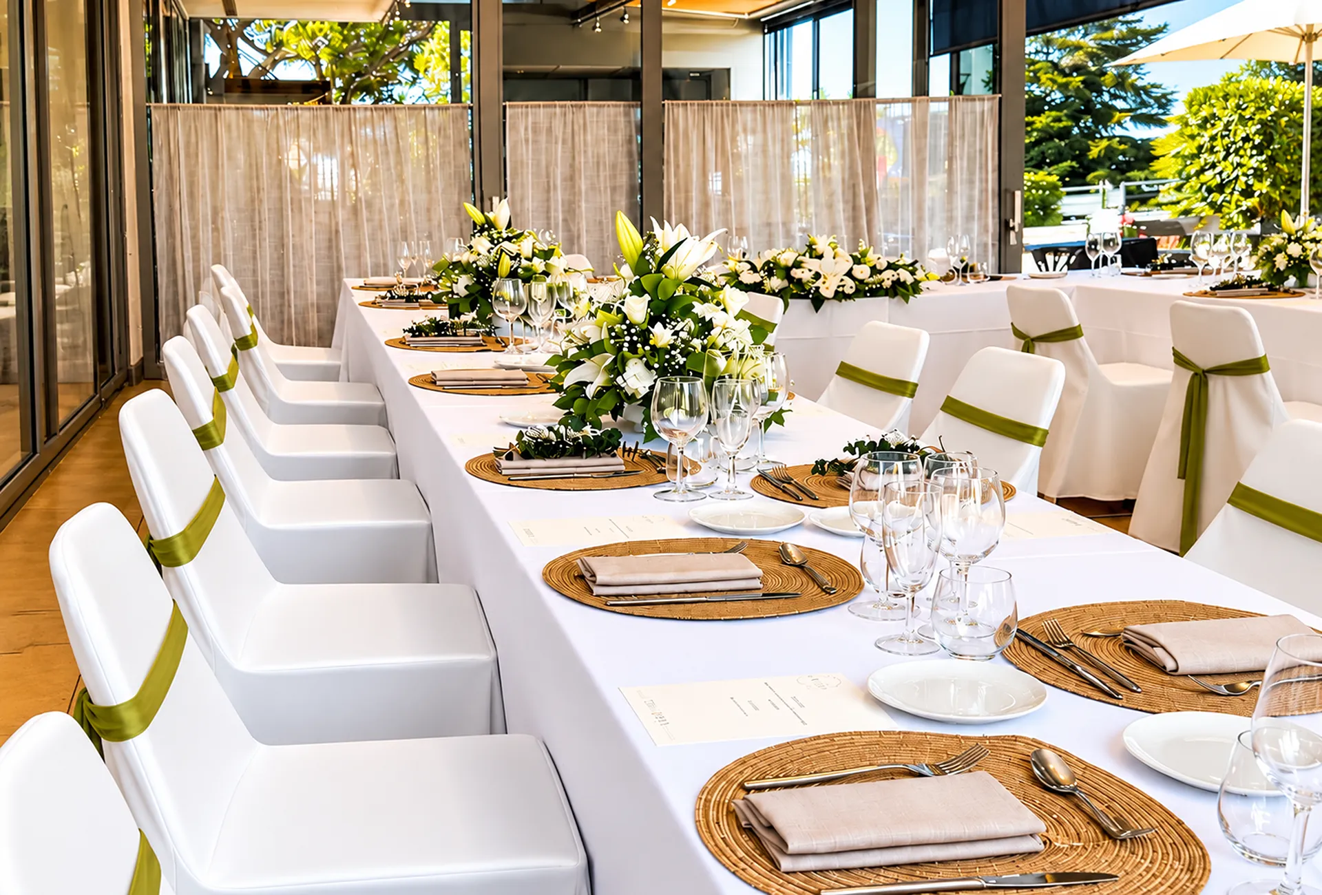 Sal&oacute;n de evento con mesas decoradas y sillas blancas con cintas verdes.