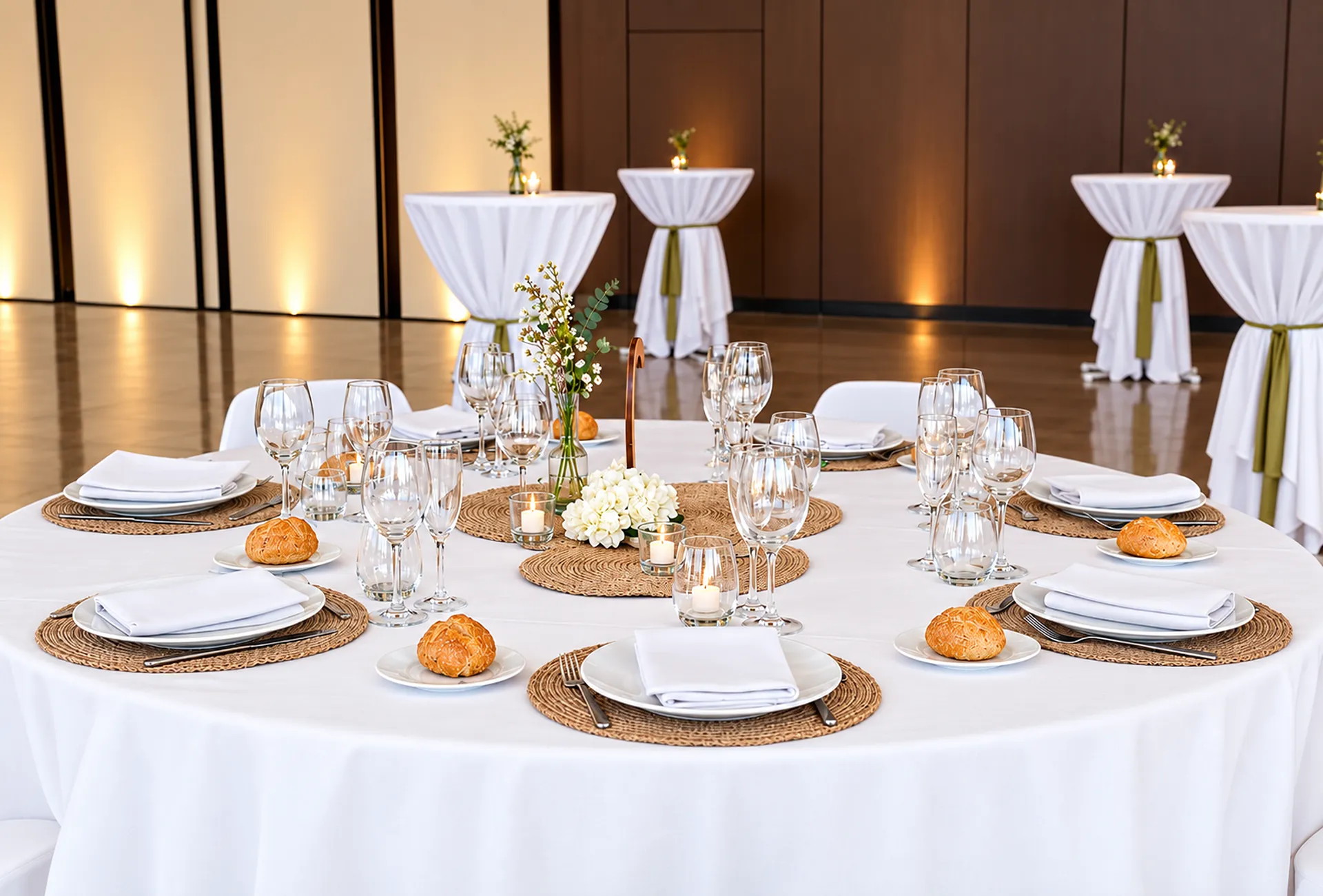 Mesa redonda de banquete con vajilla, copas, flores y sillas blancas.