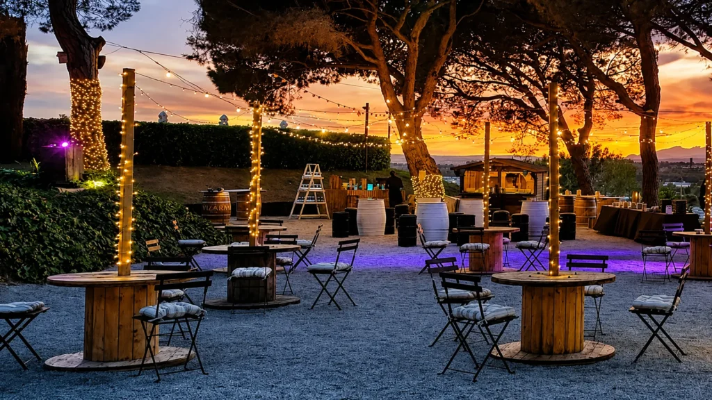 Terraza al aire libre con mesas y luces c&aacute;lidas, al atardecer