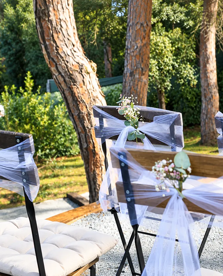Sillas decoradas con tul y flores en una ceremonia al aire libre entre &aacute;rboles.