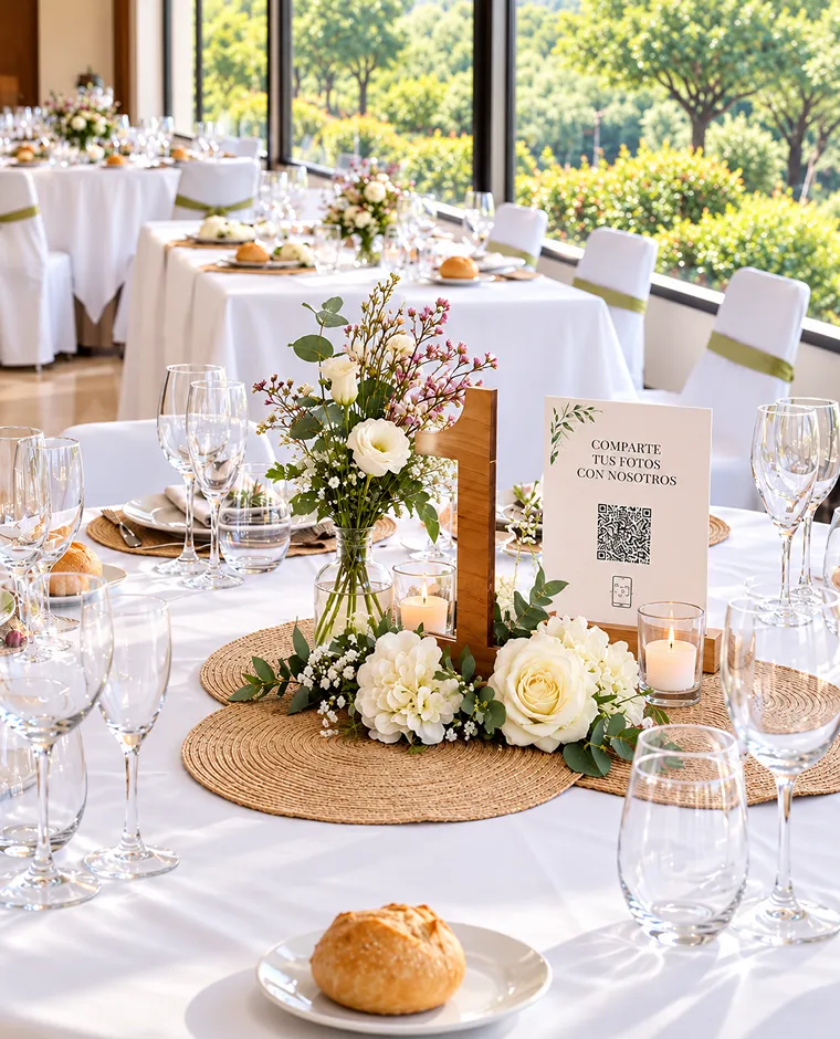 Mesa de banquete con flores, velas y un cartel con c&oacute;digo QR.