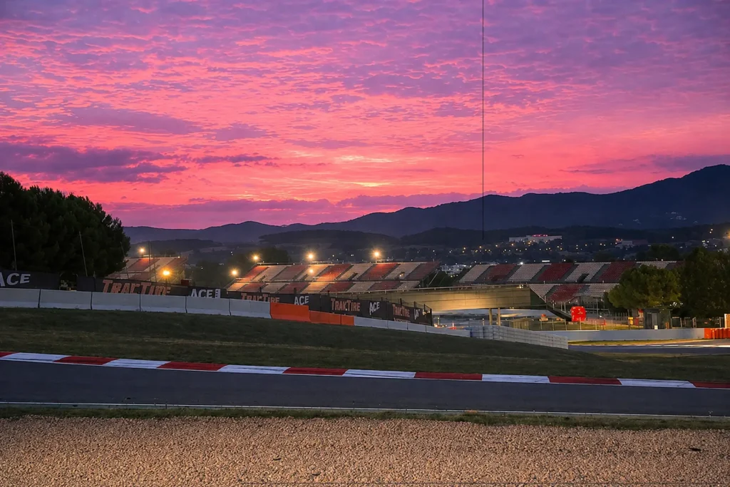 Atardecer rosado sobre un estadio de carreras con gradas y pista iluminada
