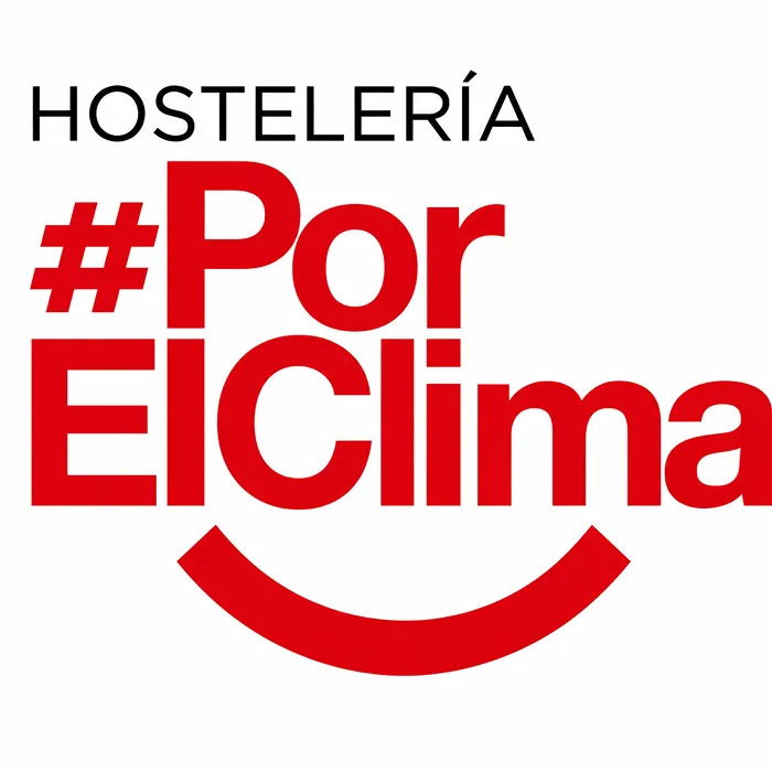 Cartel &ldquo;Hosteler&iacute;a #PorElClima&rdquo; con flecha roja y texto blanco y rojo.
