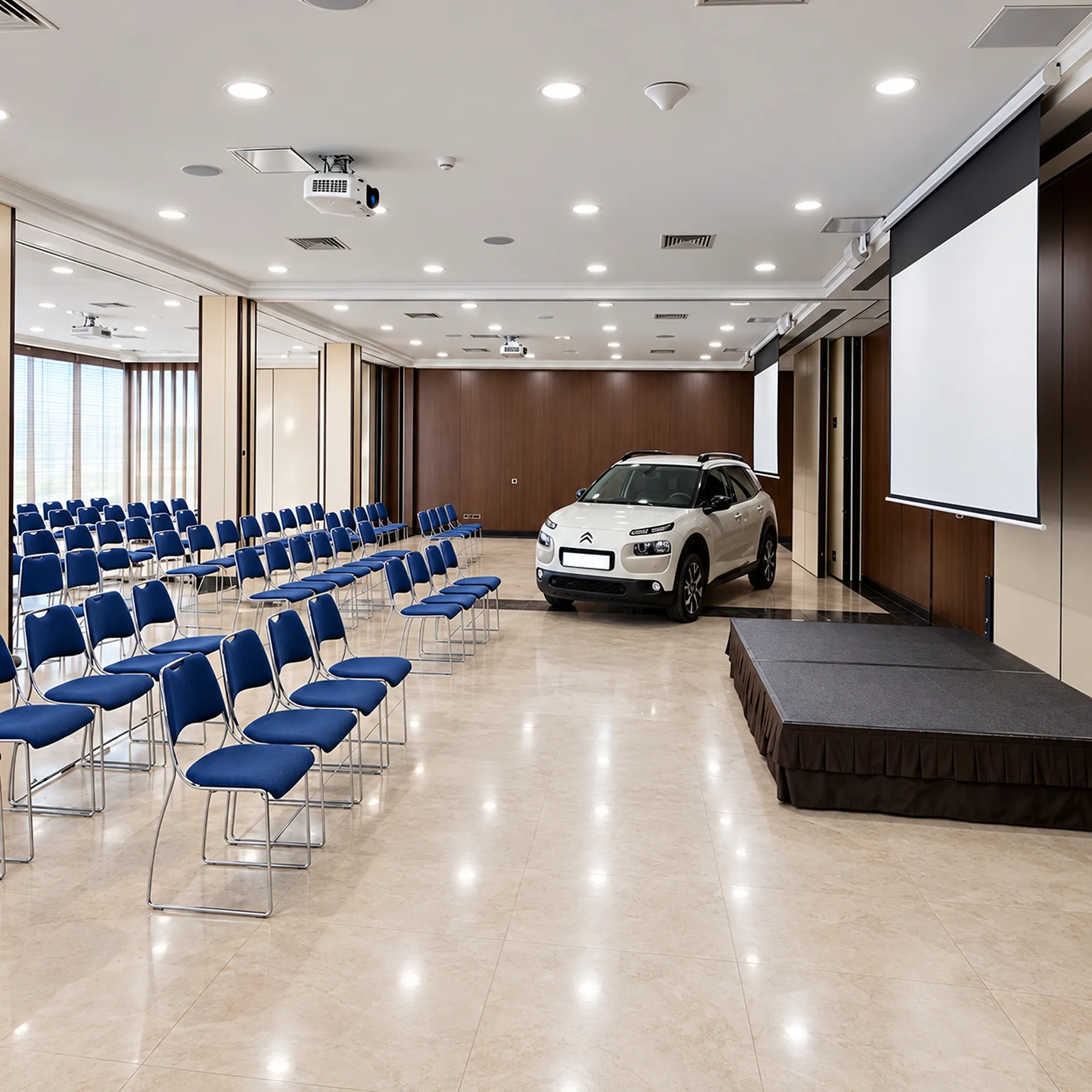 Sala de conferencias con sillas azules, proyector y coche expuesto