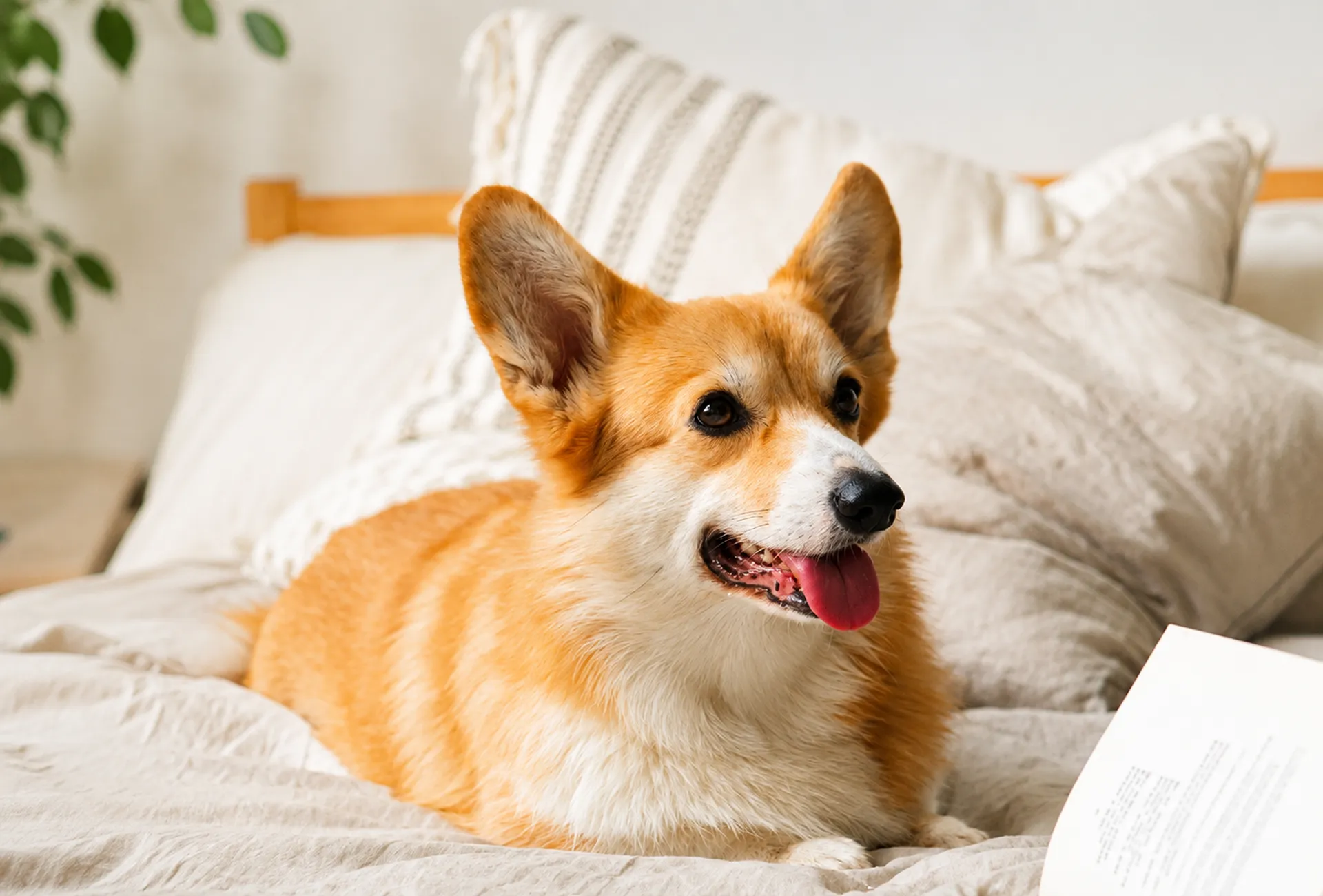 Perro mestizo amarillo sobre cama, con la lengua afuera y mirada atenta