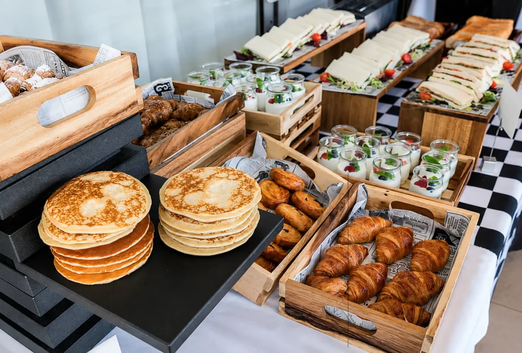 Buffet con panqueques, croissants y ensaladas en bandejas de madera