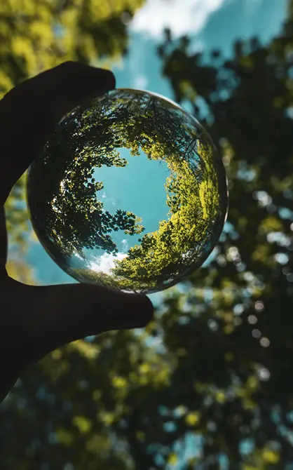 Mano sostiene una lente con reflejo de &aacute;rboles y cielo azul