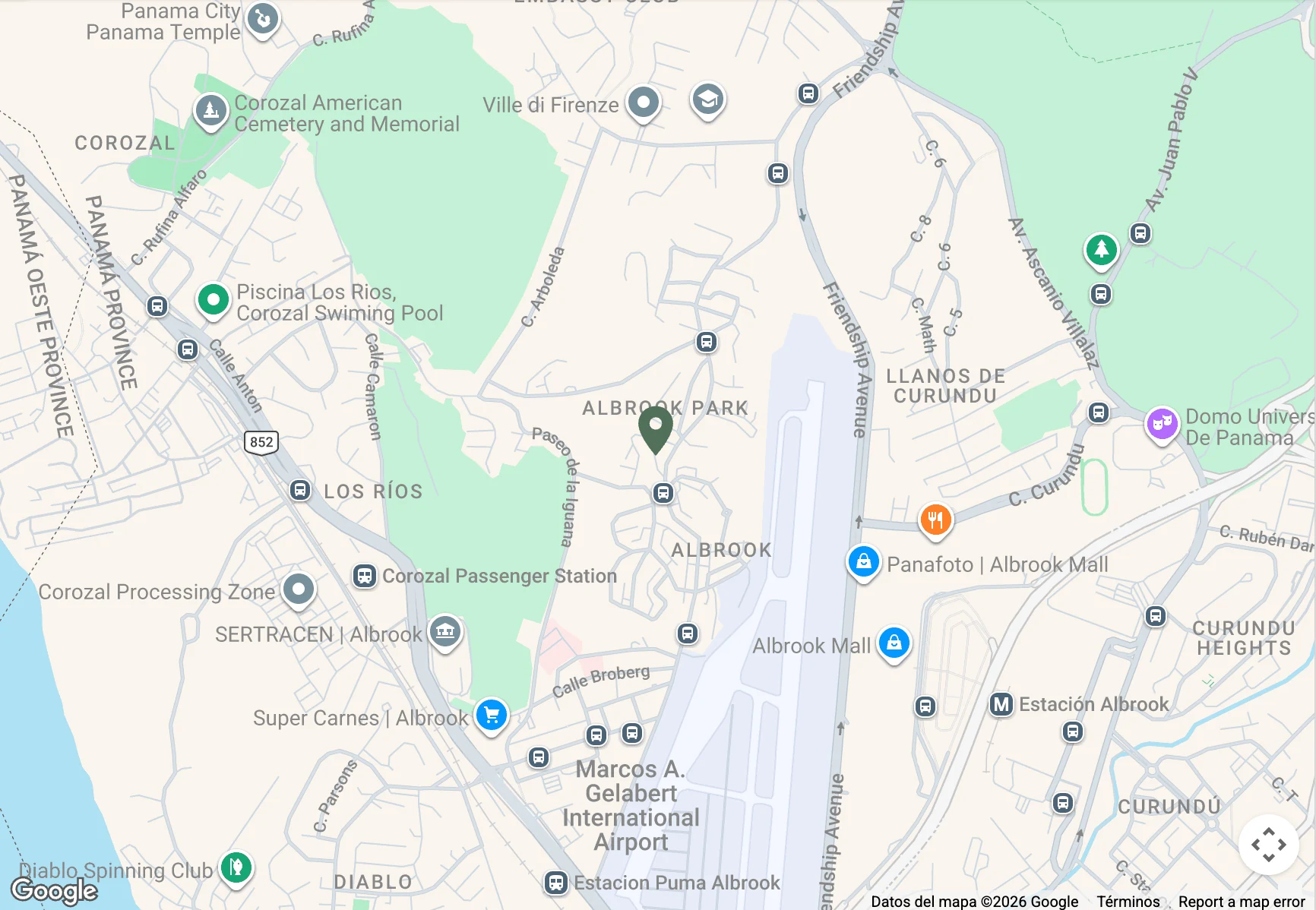 Mapa de Corozal y Albrook, Panam&aacute;, con puntos de inter&eacute;s marcados