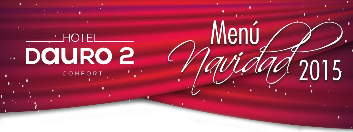 Fondo rojo con texto: Hotel Dauro 2, Menú Navidad 2015 y Comfort.