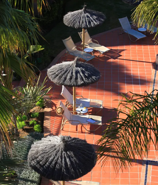 Piscina con tumbonas y sombrillas negras, rodeada de plantas tropicales.