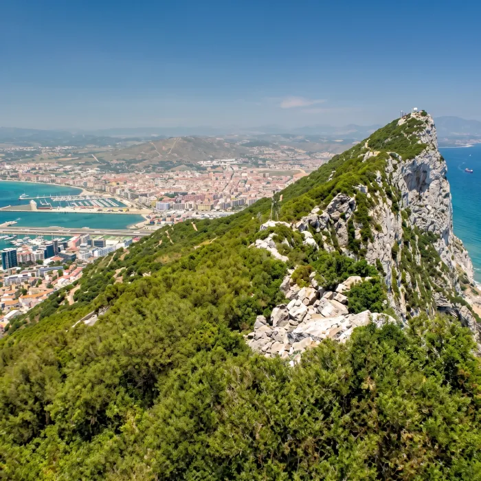 Panor&aacute;mica de la costa y ciudad desde la ladera verde del monte.