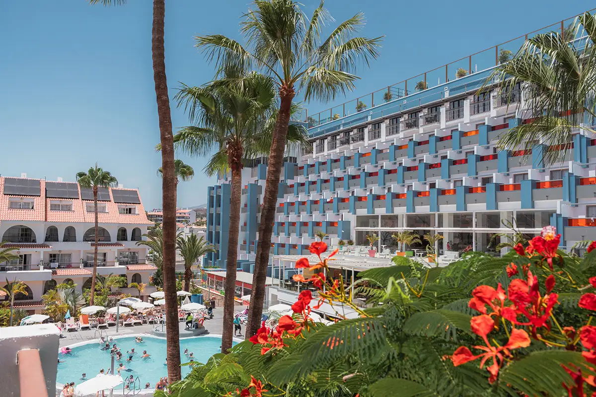 Hotel con palmeras, piscina y flores rojas frente a un edificio de colores