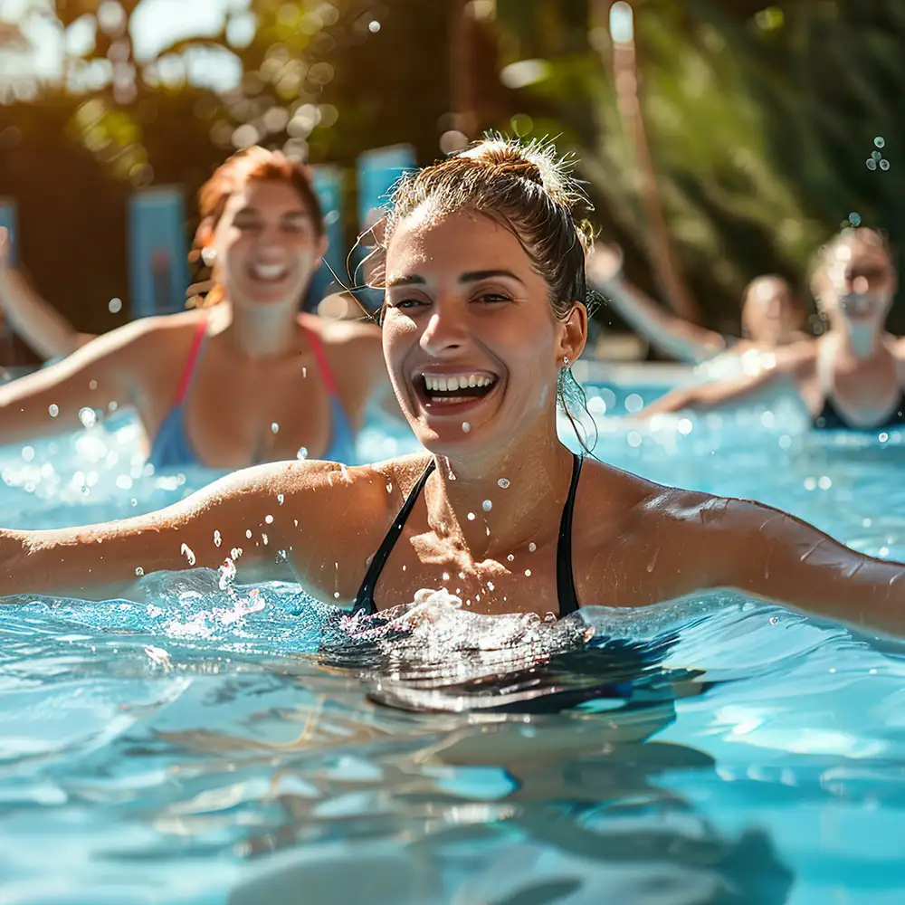 Mujer sonriente en piscina con burbujas, al fondo otras personas y sol.