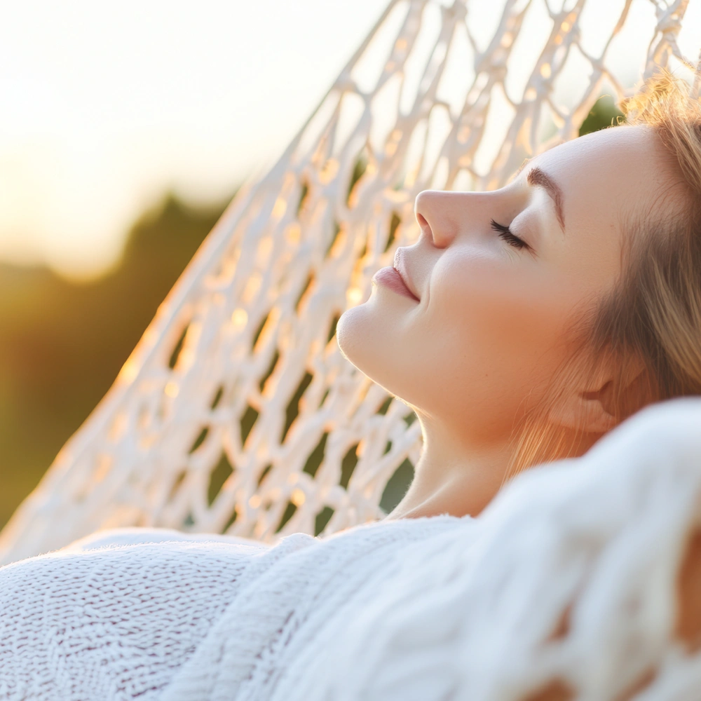 Portrait of a woman looking at the sun next to a metal grille, warm light