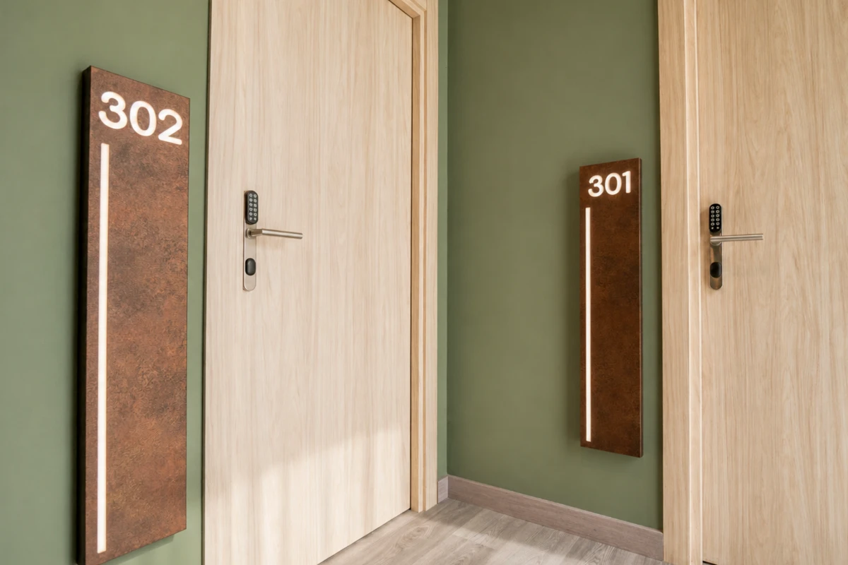 Pasillos con puertas 302 y 301 de madera, luces verticales y cerraduras.