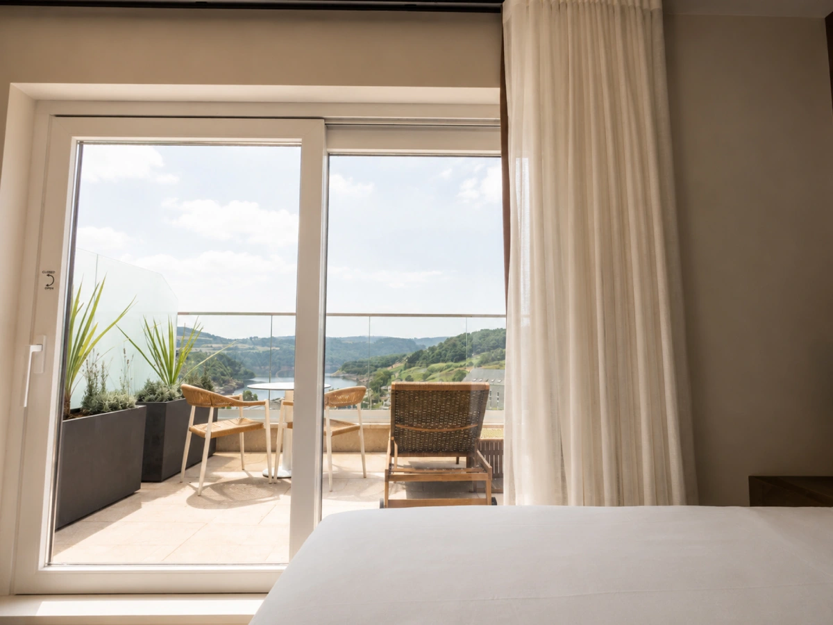 Interior con ventana y terraza, sillas de madera y vistas a colinas y r&iacute;o