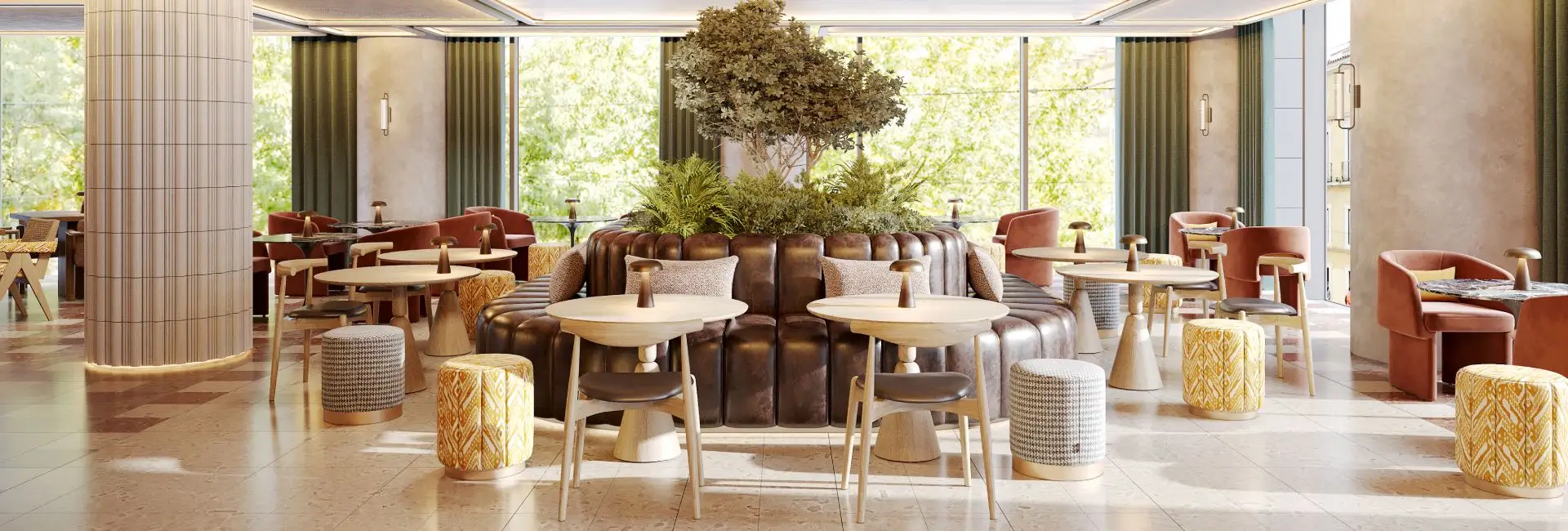 Sala lounge moderna com mesas, poltronas e vista para jardim ao fundo