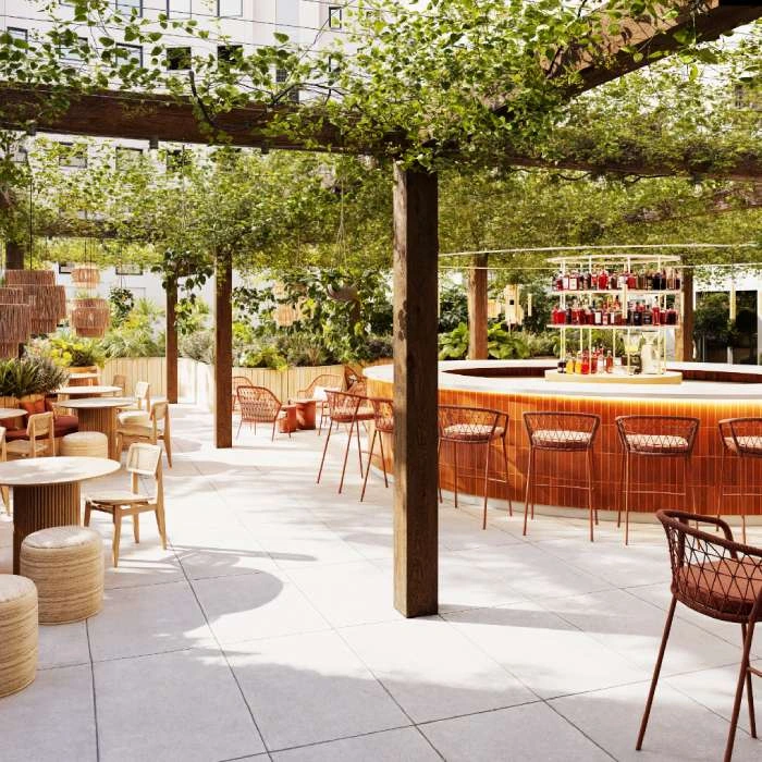 Sunny terrace with tables and chairs, bar with drinks, and green pergola