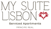 Logo &ldquo;My Suite Lisboa&rdquo;, alojamento e hospedagem com s&iacute;mbolo vermelho
