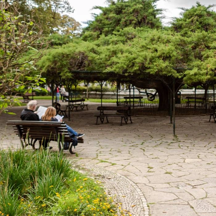 Parque com bancos e &aacute;rvores, pessoas sentadas lendo ao ar livre.