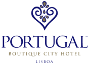 Logo "Portugal Boutique City Hotel" in blue on a black background