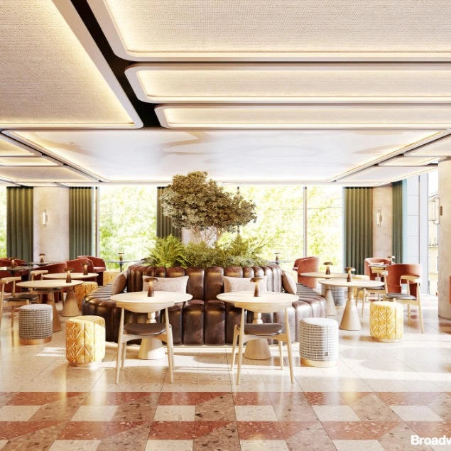 Room with tables and chairs, natural light and decoration with plants and baskets.